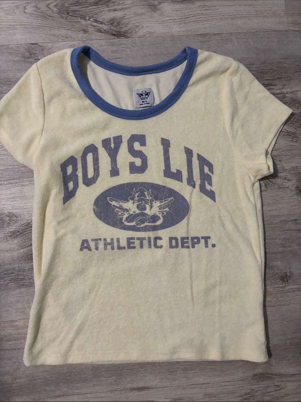 Boys Lie Graphic Tee with Blue Trim - Athletics Dept. medium